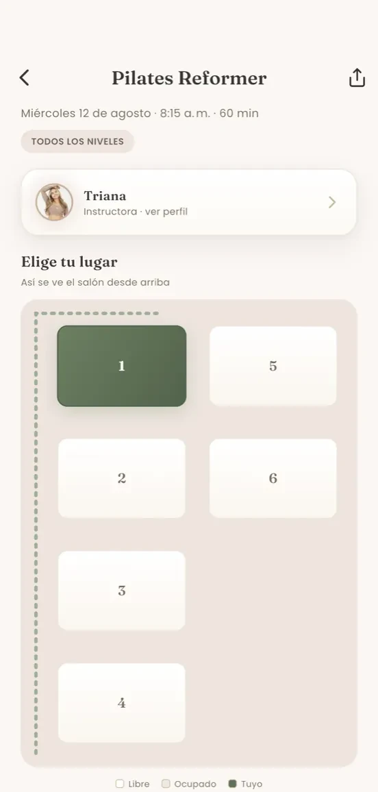 Real class detail in the app: room map to pick your exact spot